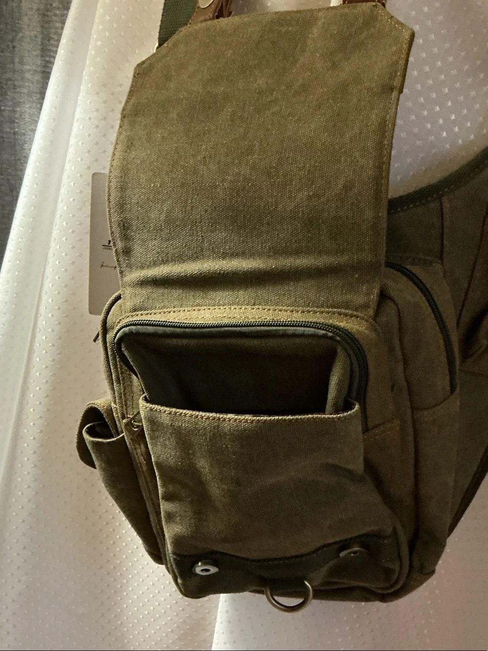 Kaukko Olive Canvas Messenger Bag with Brown Leather Details